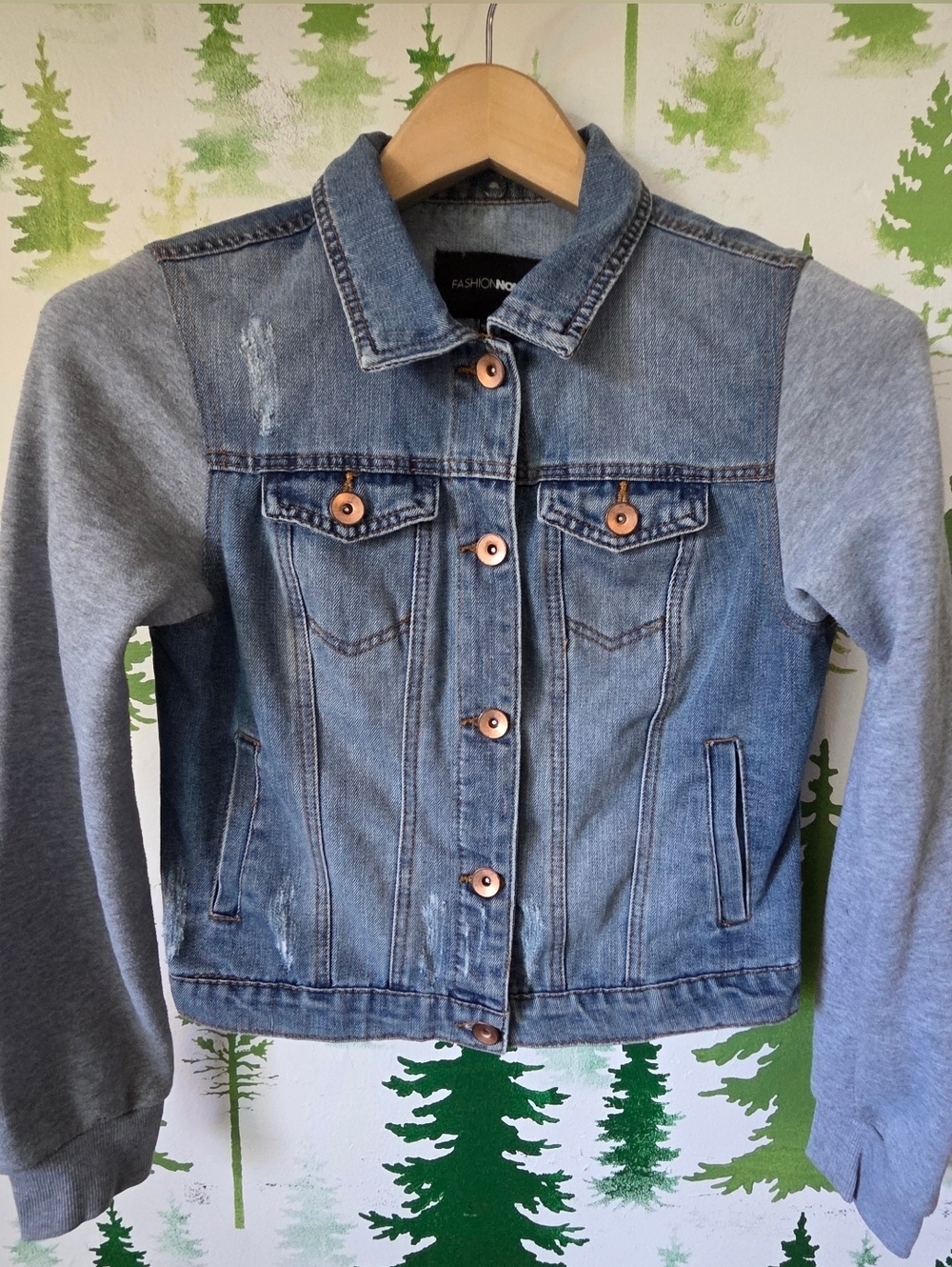 Fashion Nova Blue Denim Jacket with Gray Knit Sleeves